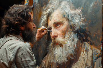 Obraz premium A painter adding final touches to a large canvas. Concept of dedication and expression. Generative Ai.