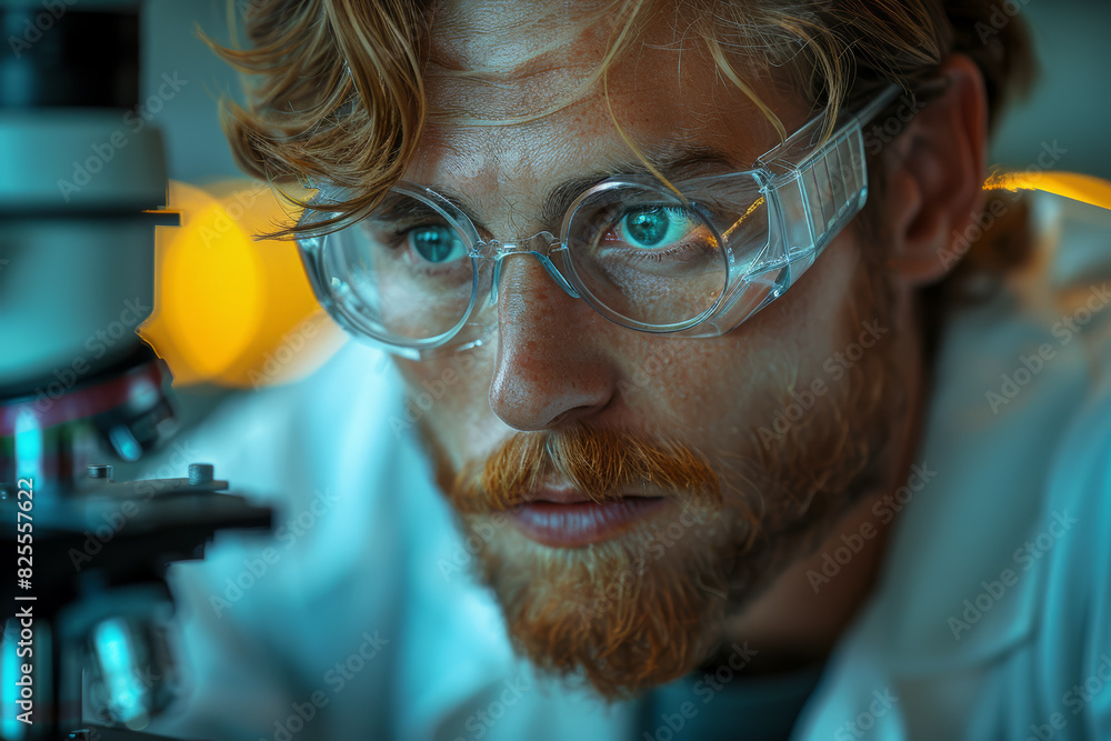 Poster a scientist examining a slide under a microscope. concept of curiosity and discovery. generative ai.
