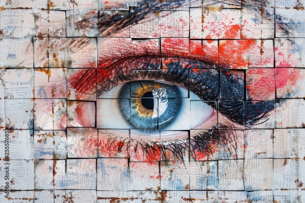 Poster artistic depiction of an eye on a mosaic background showcasing unique visual perception