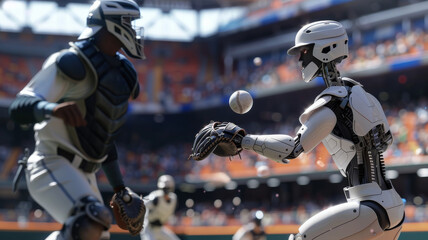 AI robots playing baseball in a stadium with human spectators