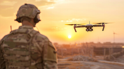 Military drone operation at sunset
