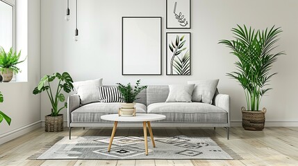 Stylish living room interior of modern apartment and trendy furniture, plants elegant. Generative Ai
