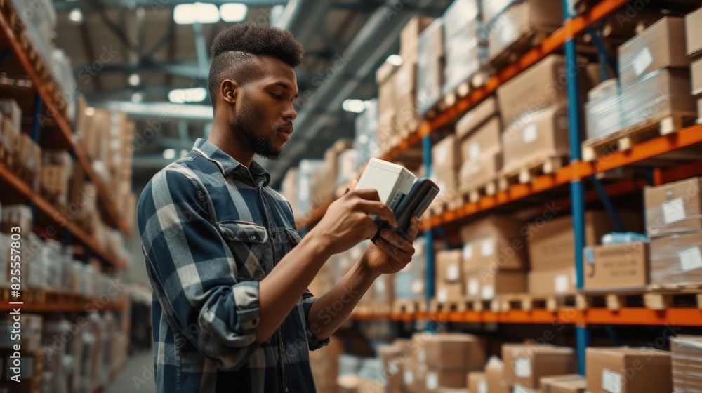 Poster professional project manager hands looking tablet while checking product at warehouse. start up smar