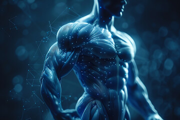 A detailed wireframe illustration of body parts with muscles, connected by dots on a dark blue background, symbolizing physical power and athleticism in a modern digital style