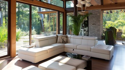 Sunroom in a modern bungalow with a white leather sofa . Generative Ai