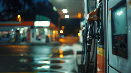 Nighttime gas station fill-up scene