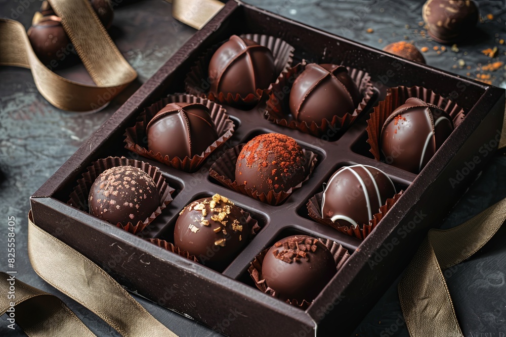 Poster a detailed box of chocolate truffles with elegant ribbons sits on a table. generative ai