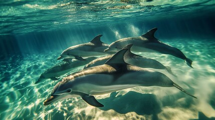 A pod of dolphins gracefully gliding through crystal clear waters, their sleek bodies illuminated...