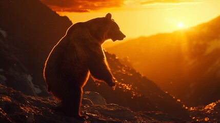 A powerful grizzly bear standing on its hind legs in a rugged mountain landscape, silhouetted...