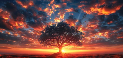 Stunning sunset with a majestic tree silhouetted against vibrant, colorful sky filled with dramatic clouds. Nature's beauty captured perfectly.