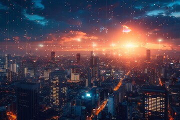 Fototapeta premium Stunning urban sunset with sparkling city lights and a dramatic, colorful sky, perfect for modern and vibrant architectural or cityscape themes.