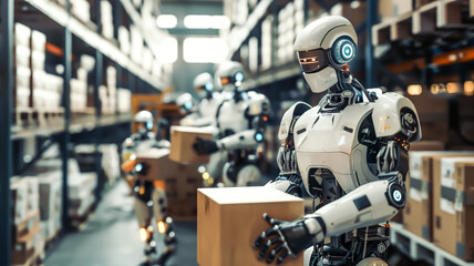 Robots working in warehouse, packing the goods in a box