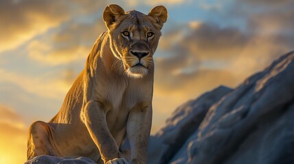 A regal lioness perched on a rocky outcrop, surveying her vast kingdom with a watchful gaze, her mane blowing gently in the breeze as the sun sets behind her, casting a warm glow on her majestic form.