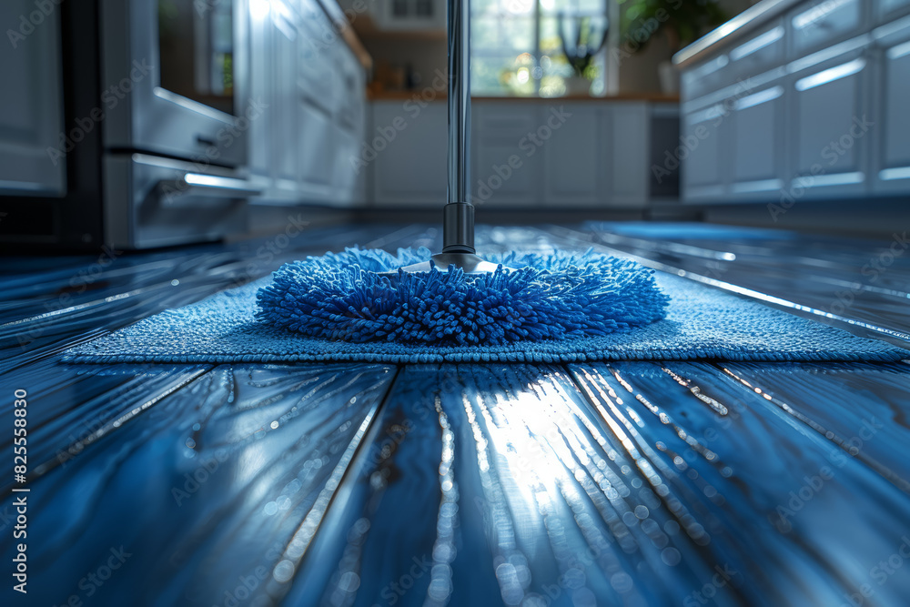Poster mop gliding across gleaming hardwood floors in a spacious kitchen. concept of maintaining a neat and