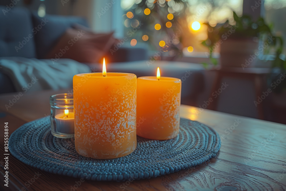 Aufkleber scented candles arranged on a coffee table, adding ambiance to a cozy reading nook. concept of creat