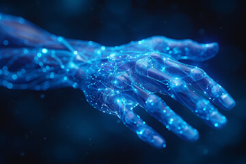 A detailed wireframe illustration of body parts with muscles, connected by dots on a dark blue background, symbolizing physical power and athleticism in a modern digital style