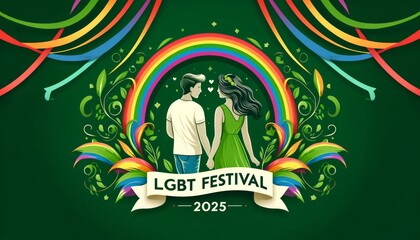 Fototapeta premium LGBT flag rainbow 2025 green Pride festival Month holiday Vector illustration