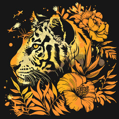 Tiger with flowers and leaves. Hand drawn vector illustration. T-shirt print design