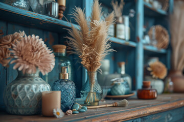 Feather duster delicately sweeping away dust from shelves adorned with decorative items. Concept of regular household maintenance. Generative Ai.