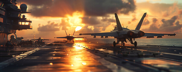 Sunset on aircraft carrier with jet fighter