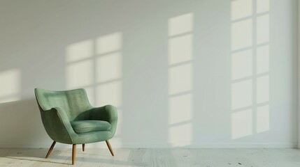3D Rendering of Minimalist Living Room: Green Armchair and White Wall