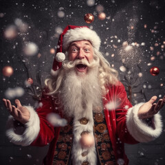 Surprised Santa Claus in a Christmas hat with surprised and joyful emotions in the snow on a dark background