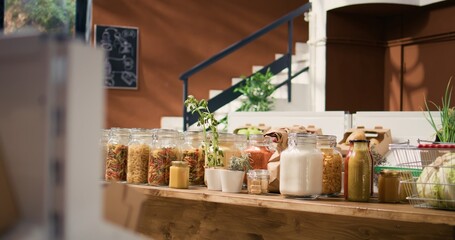 Bio fruits and vegetables in crates on farmers market shelves. Freshly harvested pesticides free produce sold in local neighborhood supermarket, environmentally conscious zero waste store.