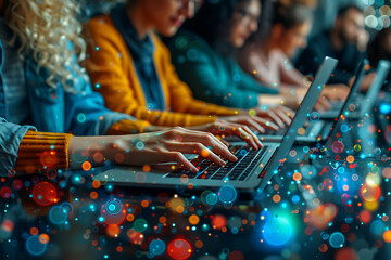People typing on a laptop with holographic icons related to marketing and various digital activities floating above, symbolizing modern technology and connectivity