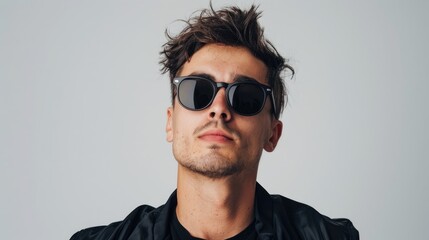 A portrait of a good looking young man in black sunglasses against a white studio backdrop