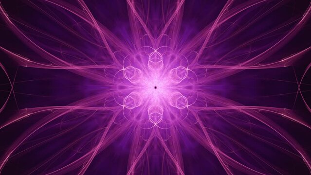 Purple energy nucleus continuously growing and evolving in bright glowing intersecting light rays.