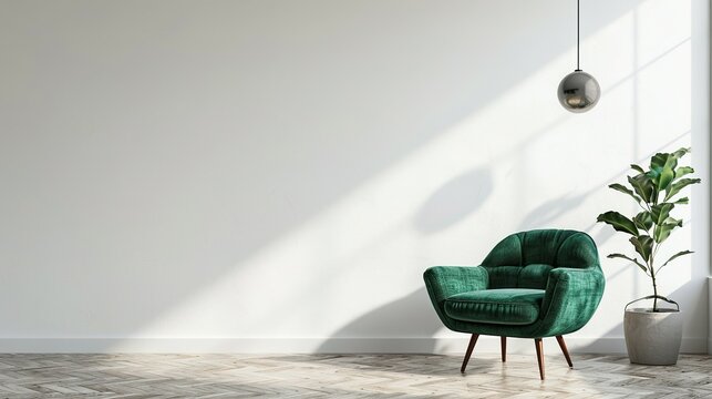 Green Armchair in Minimalist Style Living Room with White Wall - 3D Render