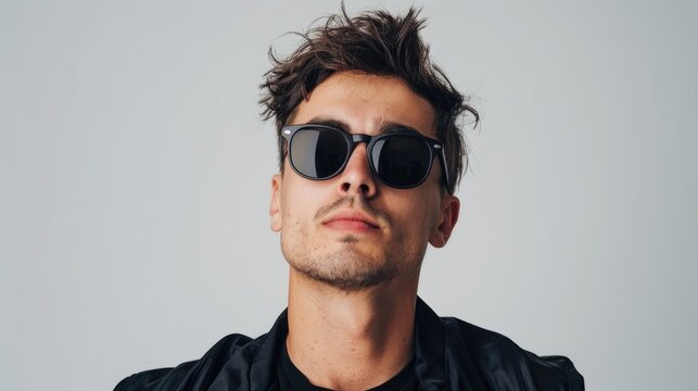 A portrait of a good looking young man in black sunglasses against a white studio backdrop - Powered by Adobe