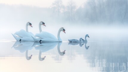 A serene and tranquil scene of a family of swans gliding gracefully across the still waters of a misty lake, their reflection mirrored perfectly in the glassy surface, as the first light of dawn