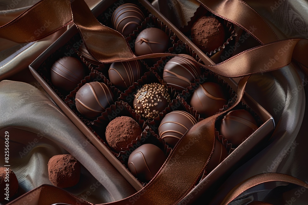 Aufkleber a sophisticated box of chocolate truffles adorned with a ribbon, featuring rich dark colors and high