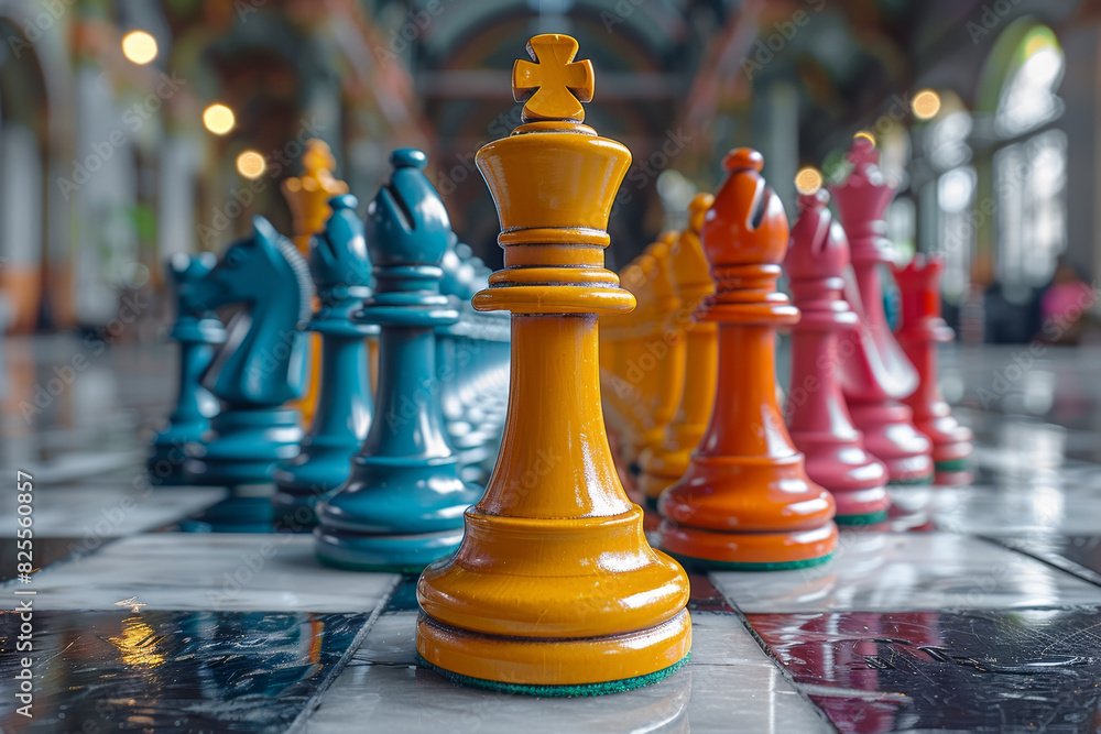Poster monochrome chessboard set up on a table with colorful pieces. concept of strategy and intellectual c