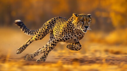 A sleek and agile cheetah sprinting across the golden savanna, captured in mid-stride with every muscle tensed, as it races towards its prey with lightning speed. 32k, full ultra hd, high resolution