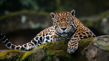 A solitary jaguar lounging on a moss-covered rock in the heart of the Amazon rainforest, its piercing gaze fixed on unseen prey. 32k, full ultra HD, high resolution