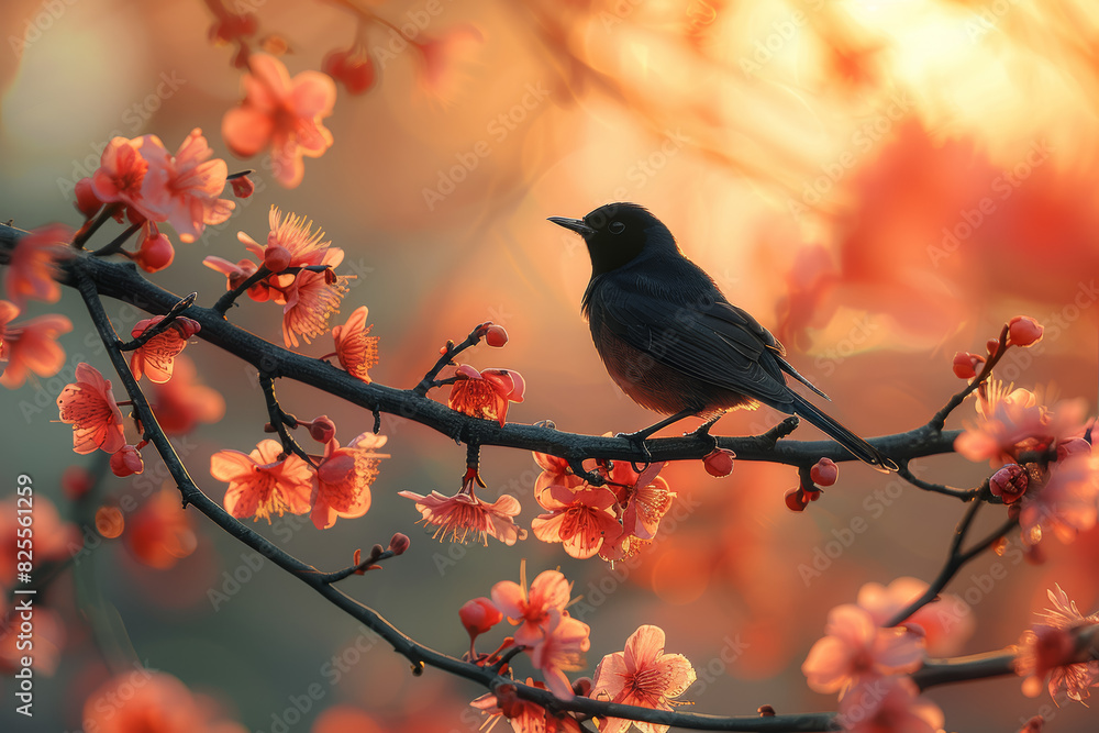Poster black and white silhouette of a bird perched on a branch against a backdrop of colorful spring flowe