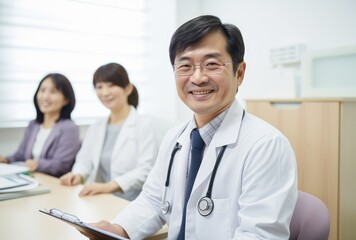 a group o fdoctor sitting at a desk with a stethoscope on it