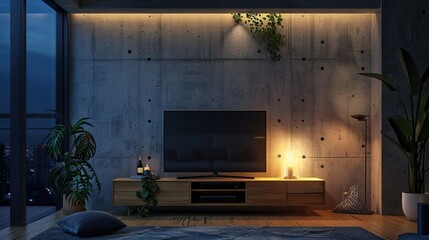 TV on cabinet mockup in living room at night the concrete wall. Generative Ai