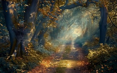 A mystical forest path covered in leaves, with dappled sunlight filtering through the canopy and creating a serene, magical atmosphere