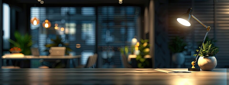 Modern office stylish dark workspace tabletop with table lamp