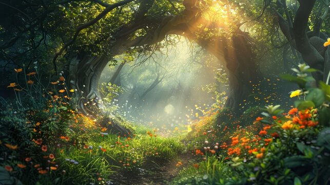 A mystical forest clearing with a hidden magical portal, shimmering with ethereal light, surrounded by vibrant flowers and ancient trees