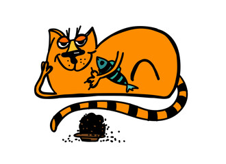 The cat is resting funny. A lot of food . hand drawing. Not AI, Vector illustration