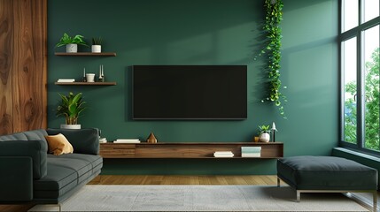 TV wall mounted with modern sofa with wood shelf in living room interior and green. Generative Ai