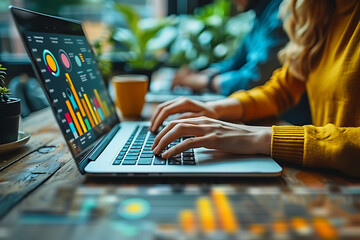 People typing on a laptop with holographic icons related to marketing and various digital activities floating above, symbolizing modern technology and connectivity