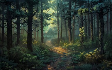 Fototapeta premium A trail through a pine forest, with the scent of pine needles and the soft light filtering through the dense canopy creating a magical atmosphere