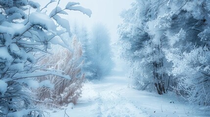 A trail through a winter wonderland, with snowcovered trees and a serene, magical atmosphere
