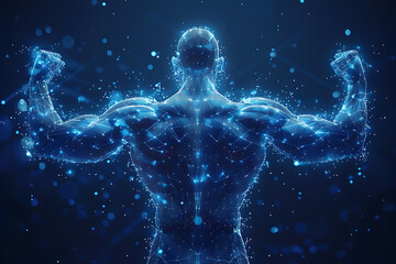  3D wireframe silhouette logo showcasing human muscles, set against a dark blue background, symbolizing strength, power, and anatomical precision