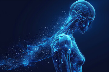  3D wireframe silhouette logo showcasing human muscles, set against a dark blue background, symbolizing strength, power, and anatomical precision